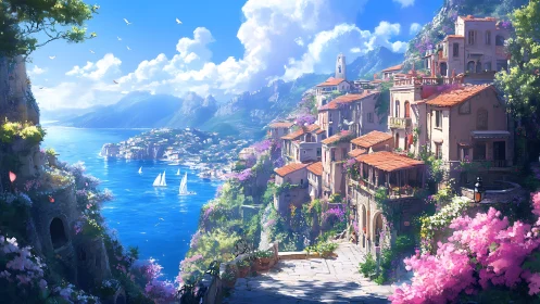 Sunlit cliffside village leans into a glittering turquoise sea