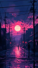 Urban street under vivid pink sunset sky with silhouettes.