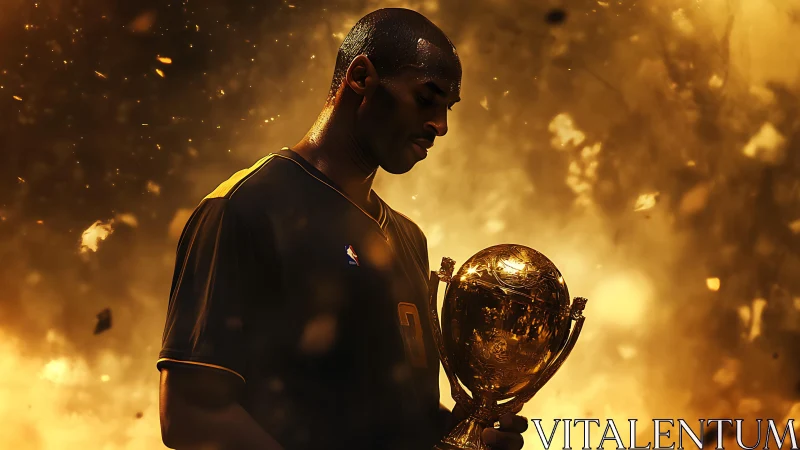 Basketball player holds ornate trophy against lit backdrop