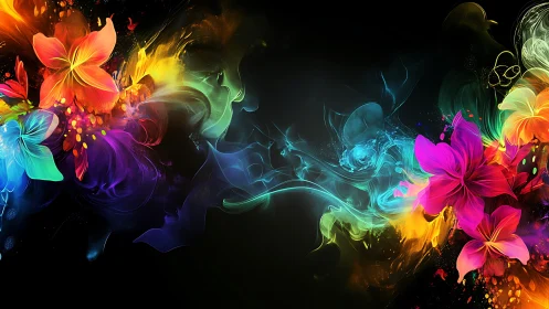 Neon floral energy bursts on black digital canvas.