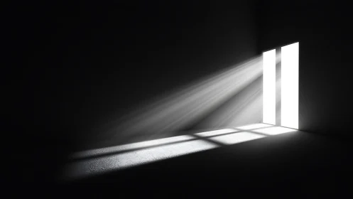 Light beams through door slit in dark empty room.