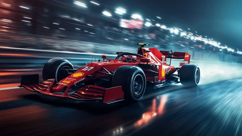 Scarlet Formula race car storms through neon lit night circuit