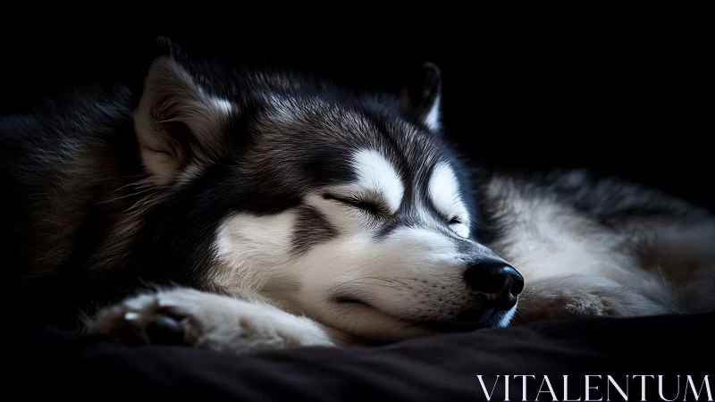 Low key closeup of sleeping Siberian husky in soft focus