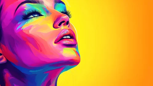 Color-drenched female portrait gazes upward in neon light.