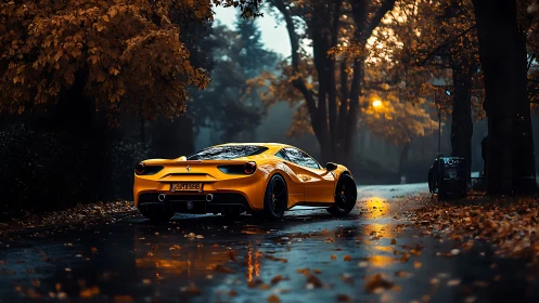 Yellow sports car parked on wet autumn road in forest