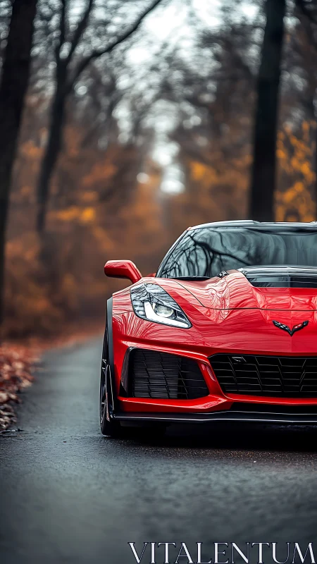 Crimson sports car paused on a misty forest backroad.