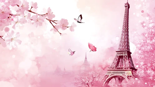 Romantic Eiffel Tower skyline framed by cherry blossoms and butterflies