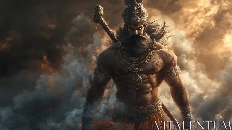 Storm-forged mythic warrior striding through burning clouds.