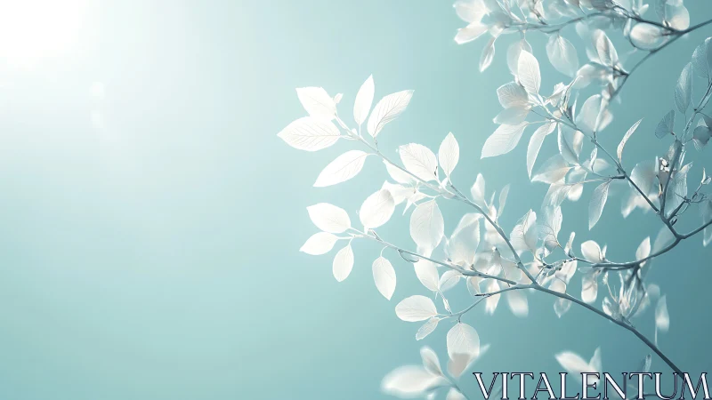 Delicate white leaves on branches in soft pastel light, minimal style.