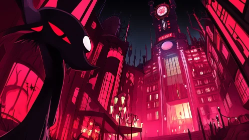 Crimson-lit dystopian boulevard with looming shadow watcher.