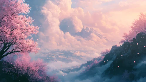 Atmospheric depth study of misty valley with pink blossom ridges
