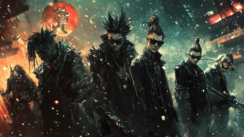 Cyberpunk street syndicate in neon-soaked dystopian alleyway.