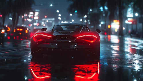 Photorealistic rear supercar in neon-soaked urban rain scene.