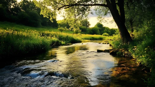 Sunlit forest stream under golden summer evening sky.