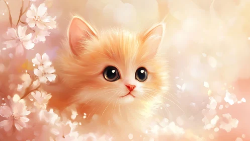 Luminous Orange Kitten Portrait Amid Soft Floral Bloom
