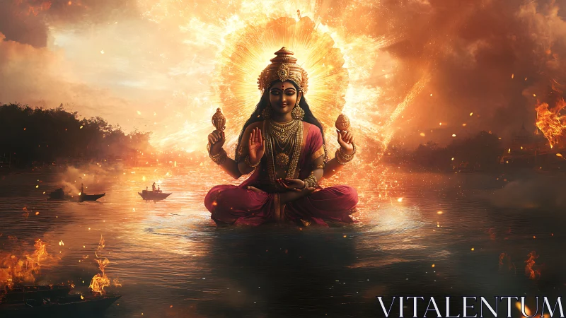 Radiant river goddess in blazing celestial eruption scene.