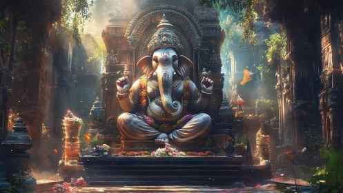 Gentle Ganesha statue glowing in a lush, enchanted temple.