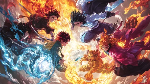 Elemental anime swordsmen locked in dynamic aerial clash.