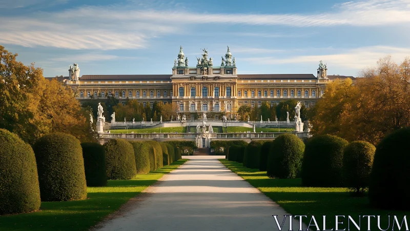 Grand palace walkway framed by sunlit formal gardens.