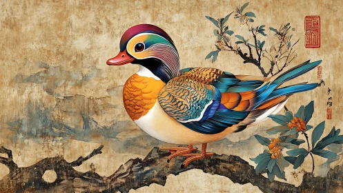 Mandarin duck artwork on branch with floral accents.