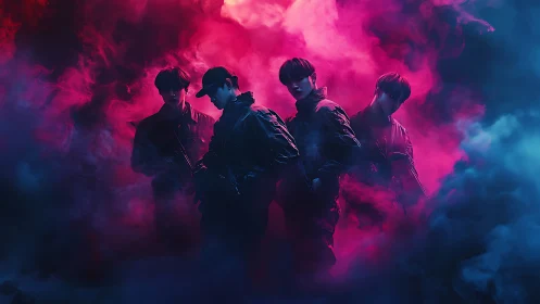 Four silhouettes in colored fog under dramatic lighting.