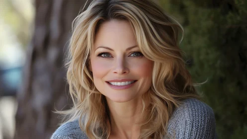 Smiling blonde woman outdoors in natural light, soft portrait style.