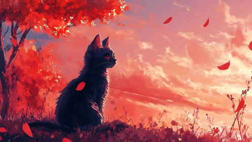 Black Cat Twilight: Silhouette Against Crimson Sky.