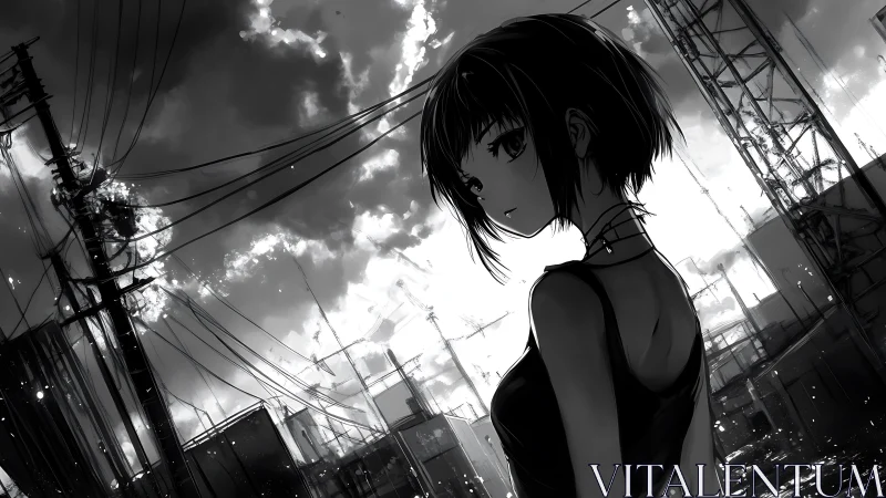 Monochrome urban girl under dense power lines at dusk.