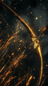 Golden war bow holds a nocked arrow amid drifting embers