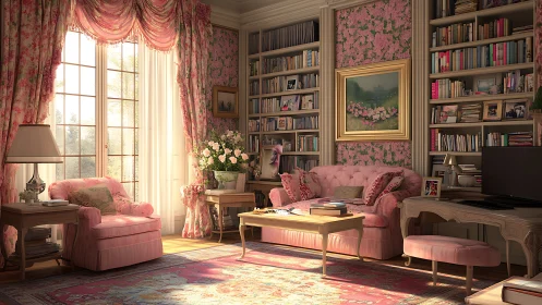 Sunlit floral library whispers through rose-tinted cushions
