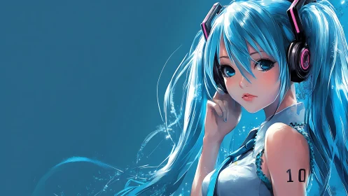 Blue-haired anime girl listens with headphones in profile