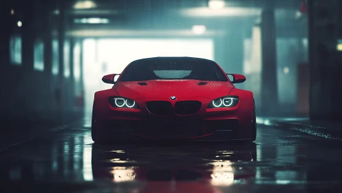 Crimson sports car glowing softly in a rainy city tunnel.