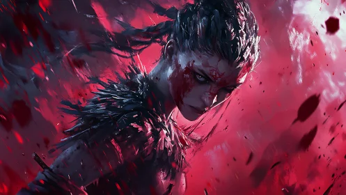 Vengeful bloodstained warrior portrait in crimson storm.