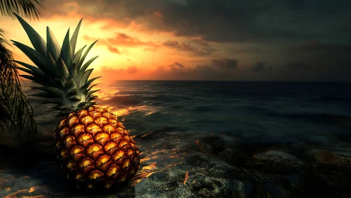 Sunlit pineapple glows against stormy tropical sunset shore.