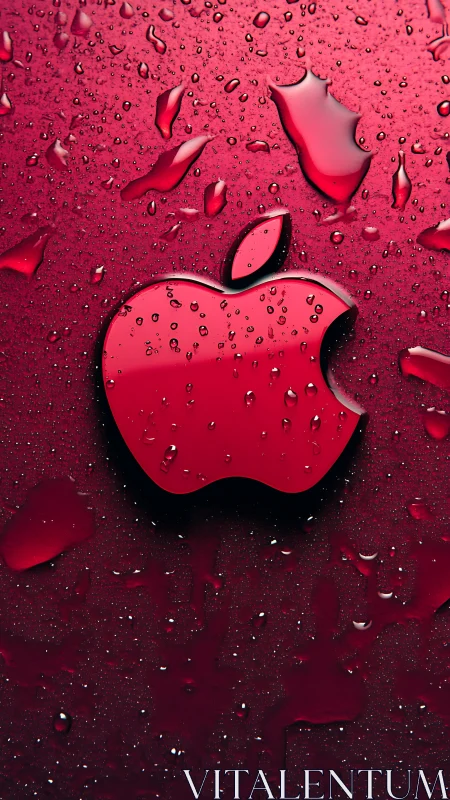 Glossy red apple logo glowing on dewy crimson surface.