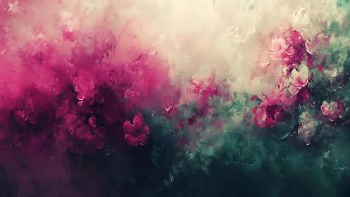 Pink floral abstraction blends into teal and light haze
