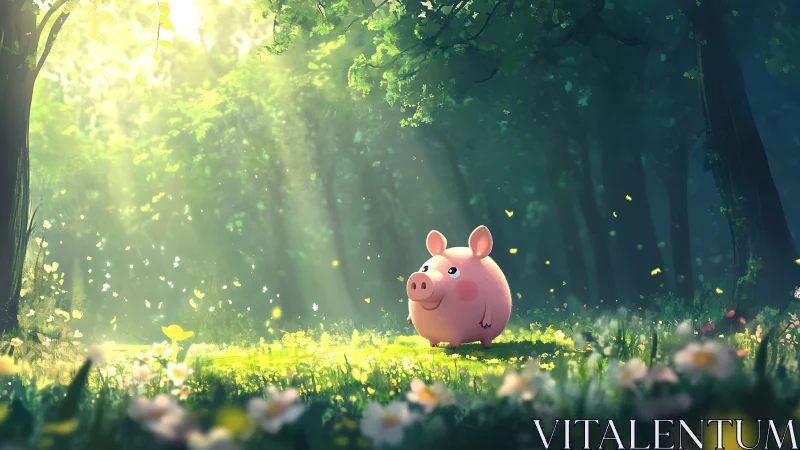 Digital painting of a whimsical pink pig in luminous forest glade.