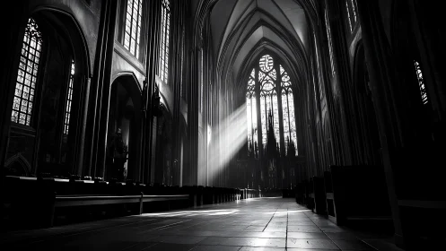 Sunlight cuts across gothic cathedral nave in sharp beams