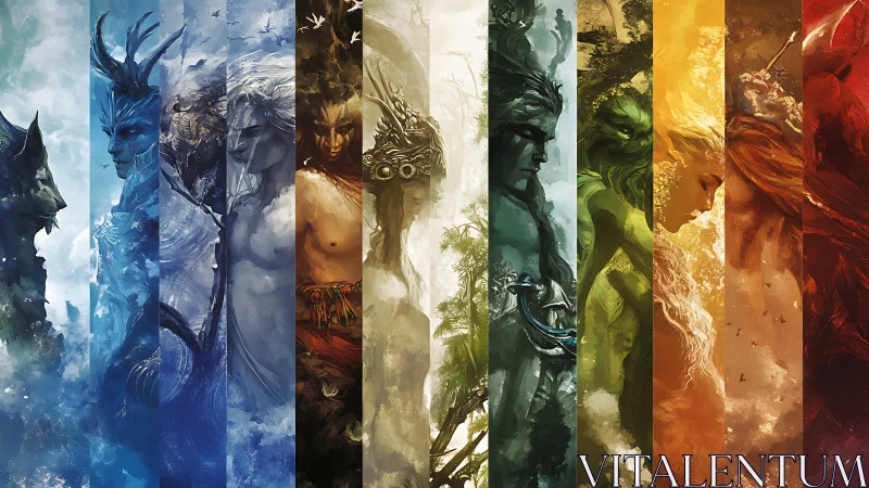 Elemental pantheon in cascading chromatic realms of myth.
