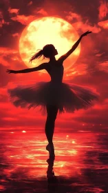 Ballerina silhouette twirls across a molten crimson sunset seascape.