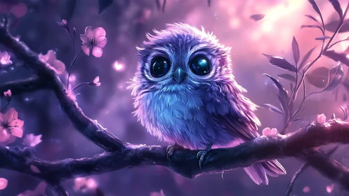 Adorable Big-Eyed Owl on Branch in Dreamy Fantasy Style Illustration.