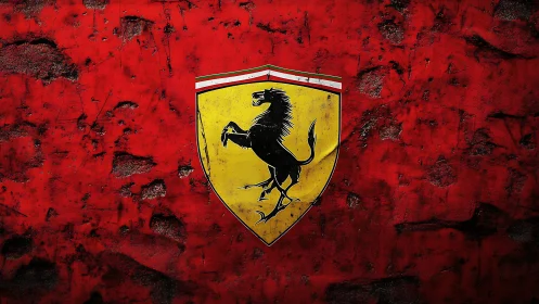 Racing emblem rendered on distressed red textured metal wall