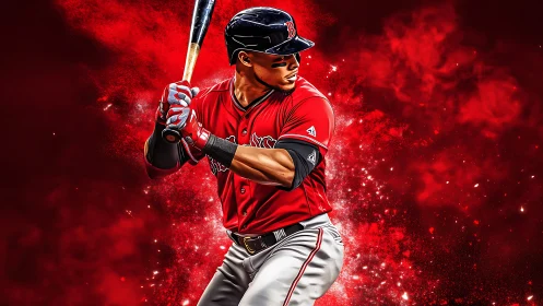 Baseball batter portrait in red digital sports artwork.