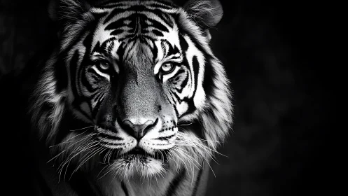 Monochrome tiger portrait with dramatic chiaroscuro lighting.