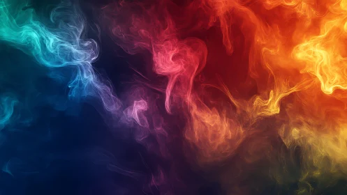 Chromatic nebula wisps in turbulent multicolor smoke field.