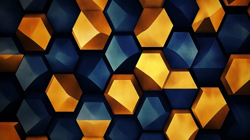 Geometric hexagonal grid with blue and gold extrusions.
