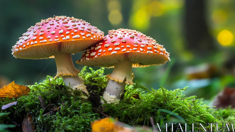 Red capped spotted mushrooms on moss in forest light.