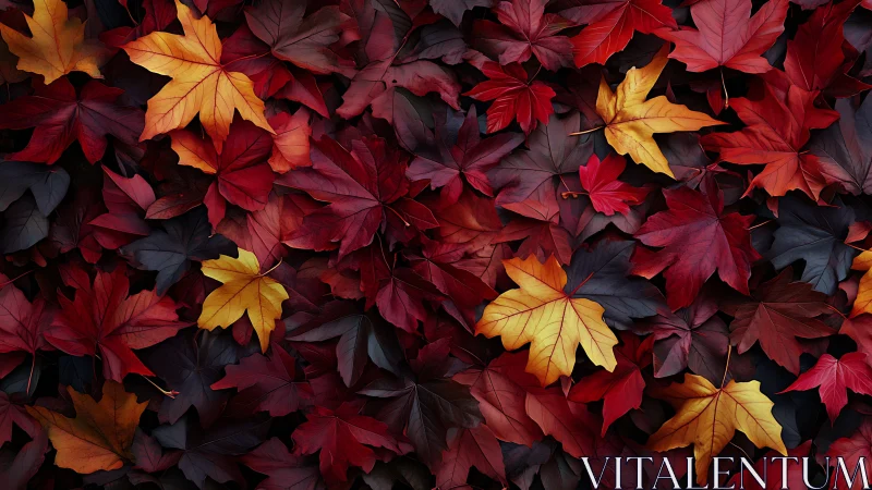 Autumn maple leaves create a rich red and gold tapestry.