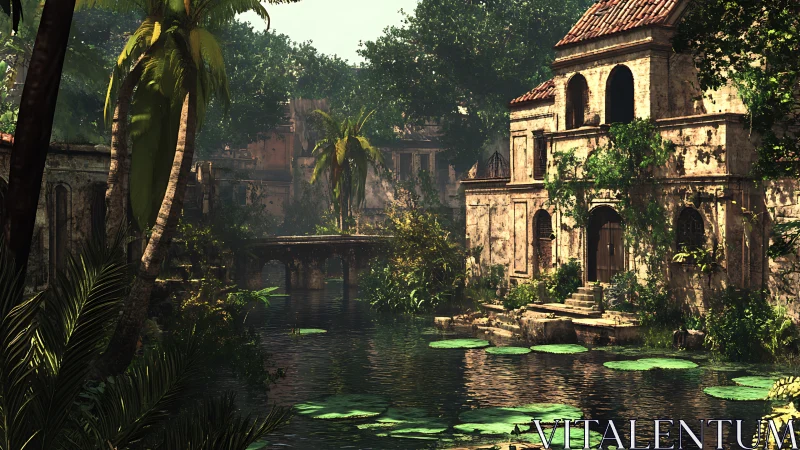 Tropical canal ruins with overgrown masonry and calm waterway.
