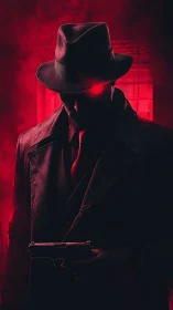 Mysterious red lit detective in shadowed noir alleyway.